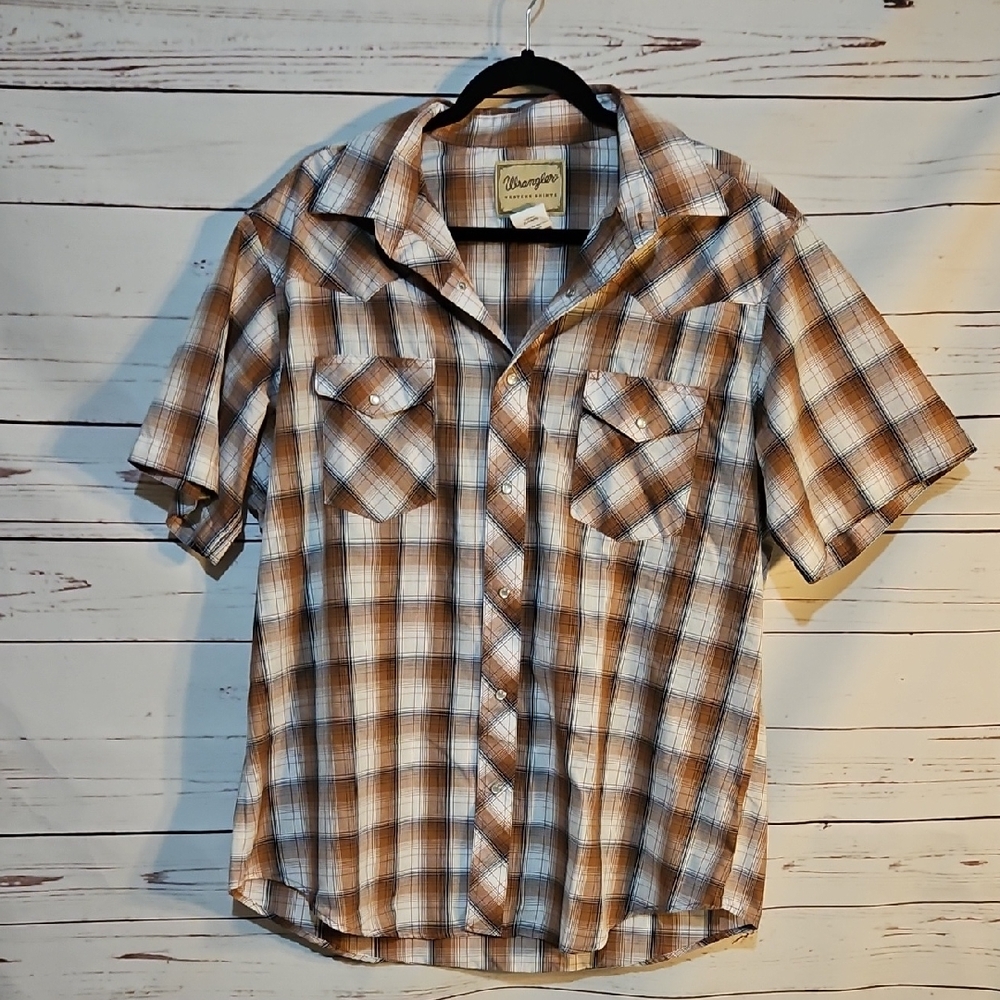 Wrangler Western Shirt XL Plaid Short Sleeve Brown White Cowboy Rodeo,XL